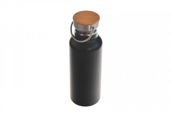 Edelstahl Trinkflasche schwarz mit Bambusdeckel